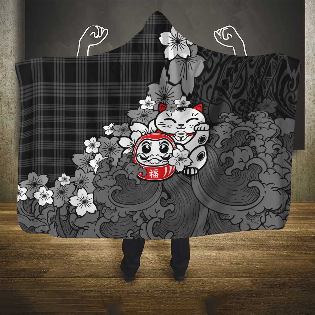 Black Palaka Hawaiian And Japanese Hooded Blanket Maneki Neko And Sakura Bloom