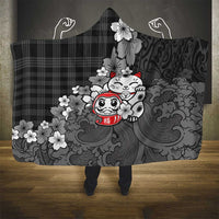 Black Palaka Hawaiian And Japanese Hooded Blanket Maneki Neko And Sakura Bloom