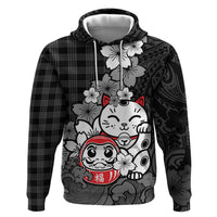 Black Palaka Hawaiian And Japanese Hoodie Maneki Neko And Sakura Bloom DT05 Pullover Hoodie Black - Polynesian Pride