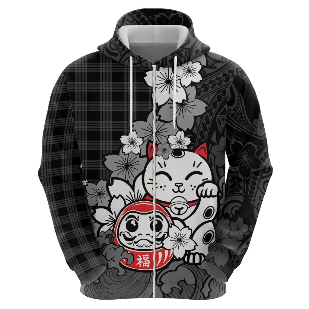 Black Palaka Hawaiian And Japanese Hoodie Maneki Neko And Sakura Bloom DT05 - Polynesian Pride