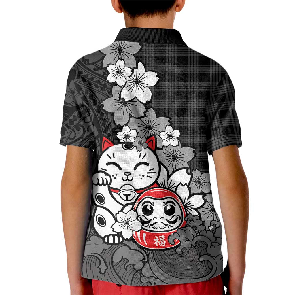 Black Palaka Hawaiian And Japanese Kid Polo Shirt Maneki Neko And Sakura Bloom DT05 - Polynesian Pride