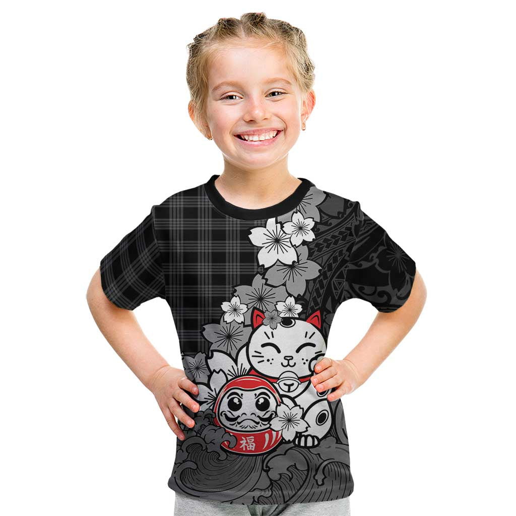 Black Palaka Hawaiian And Japanese Kid T Shirt Maneki Neko And Sakura Bloom DT05 Black - Polynesian Pride