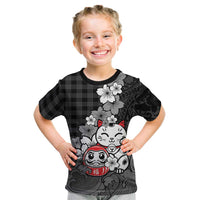 Black Palaka Hawaiian And Japanese Kid T Shirt Maneki Neko And Sakura Bloom DT05 Black - Polynesian Pride