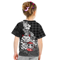 Black Palaka Hawaiian And Japanese Kid T Shirt Maneki Neko And Sakura Bloom DT05 - Polynesian Pride