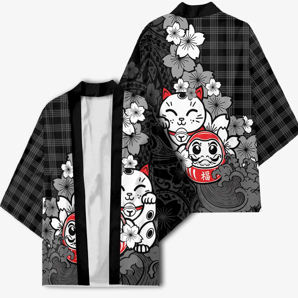 Black Palaka Hawaiian And Japanese Kimono Maneki Neko And Sakura Bloom