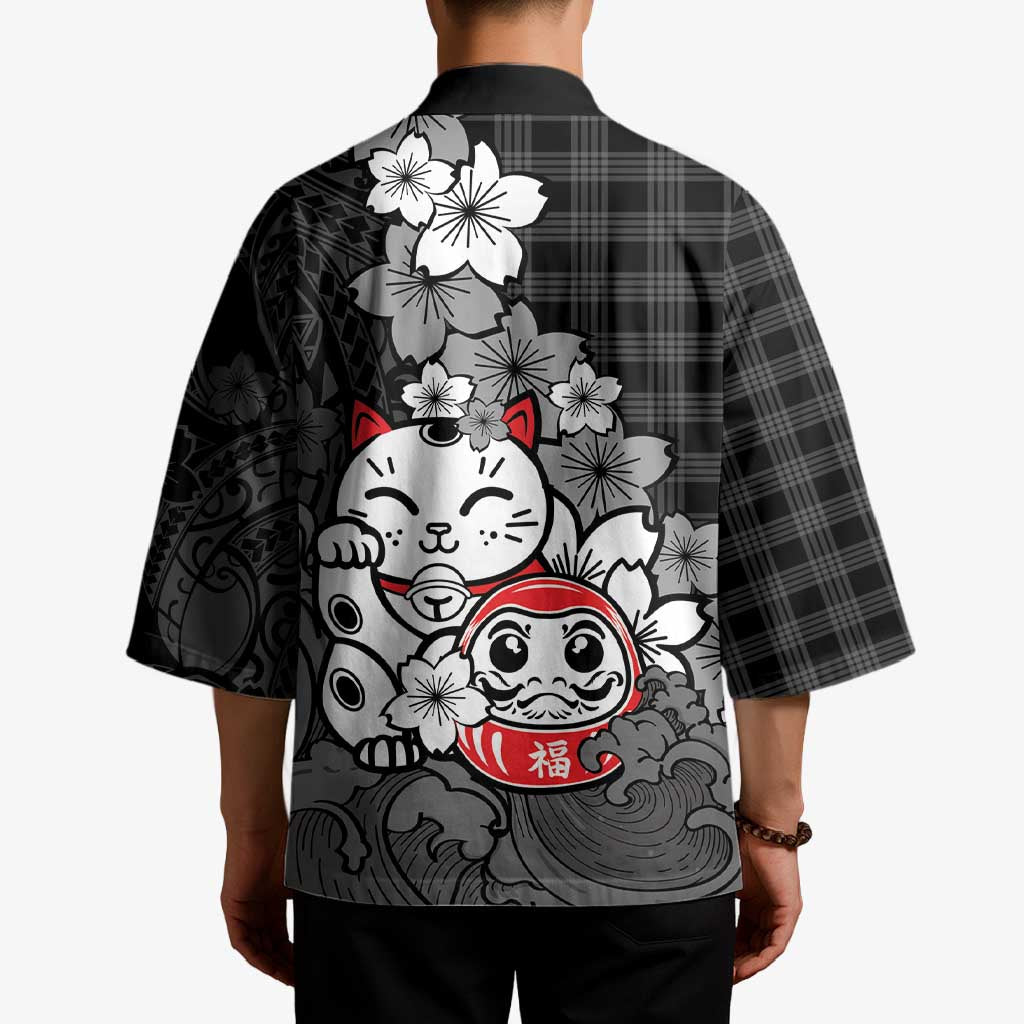 Black Palaka Hawaiian And Japanese Kimono Maneki Neko And Sakura Bloom