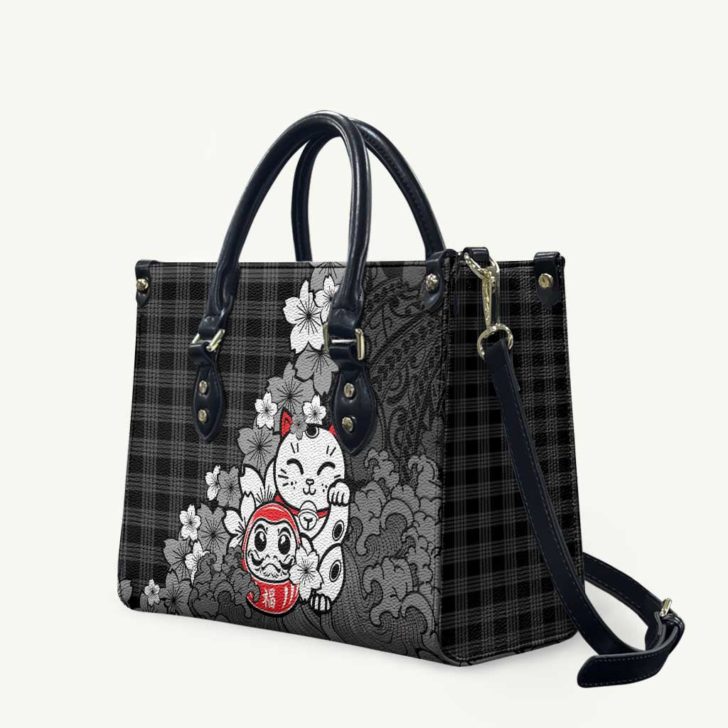 Black Palaka Hawaiian And Japanese Leather Bag Maneki Neko And Sakura Bloom DT05 Black - Polynesian Pride
