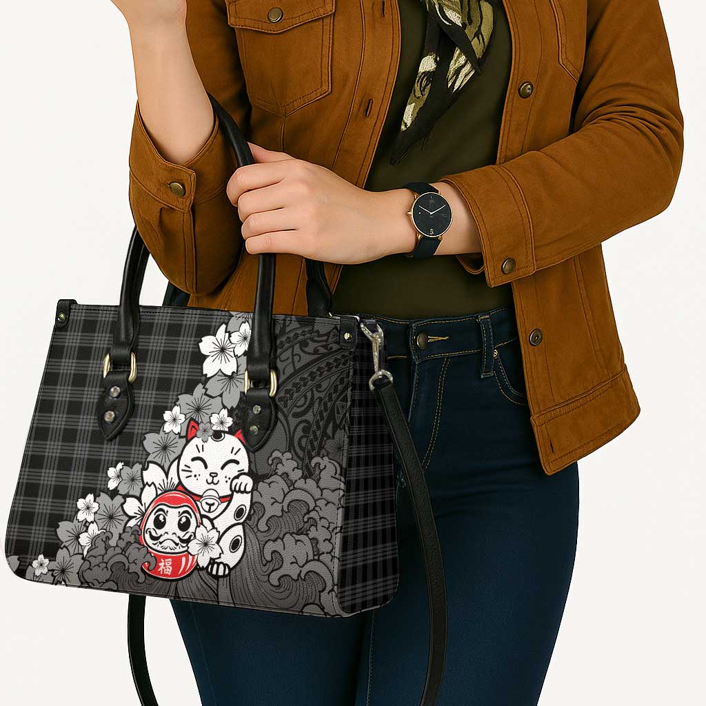 Black Palaka Hawaiian And Japanese Leather Bag Maneki Neko And Sakura Bloom