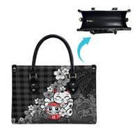 Black Palaka Hawaiian And Japanese Leather Bag Maneki Neko And Sakura Bloom