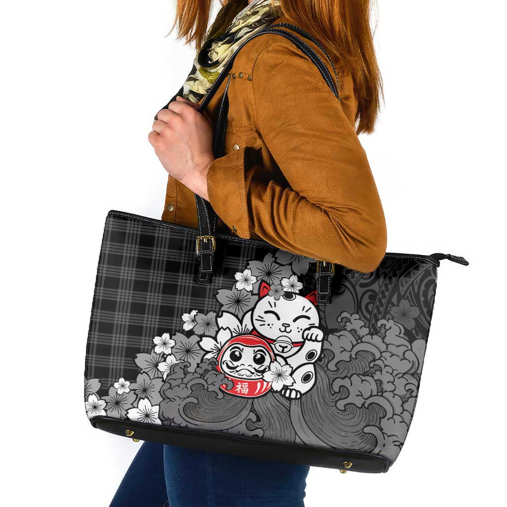 Black Palaka Hawaiian And Japanese Leather Tote Bag Maneki Neko And Sakura Bloom