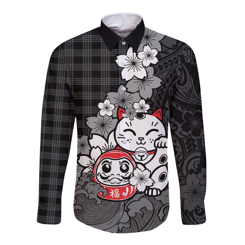 Black Palaka Hawaiian And Japanese Long Sleeve Button Shirt Maneki Neko And Sakura Bloom