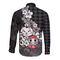 Black Palaka Hawaiian And Japanese Long Sleeve Button Shirt Maneki Neko And Sakura Bloom