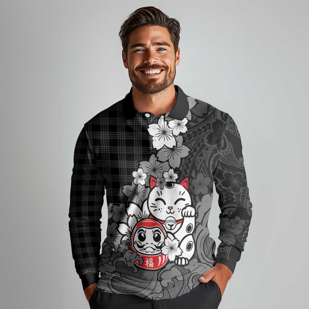 Black Palaka Hawaiian And Japanese Long Sleeve Polo Shirt Maneki Neko And Sakura Bloom