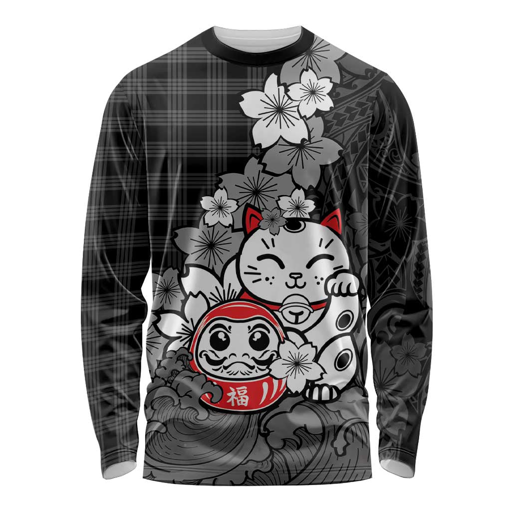 Black Palaka Hawaiian And Japanese Long Sleeve Shirt Maneki Neko And Sakura Bloom DT05 Unisex Black - Polynesian Pride