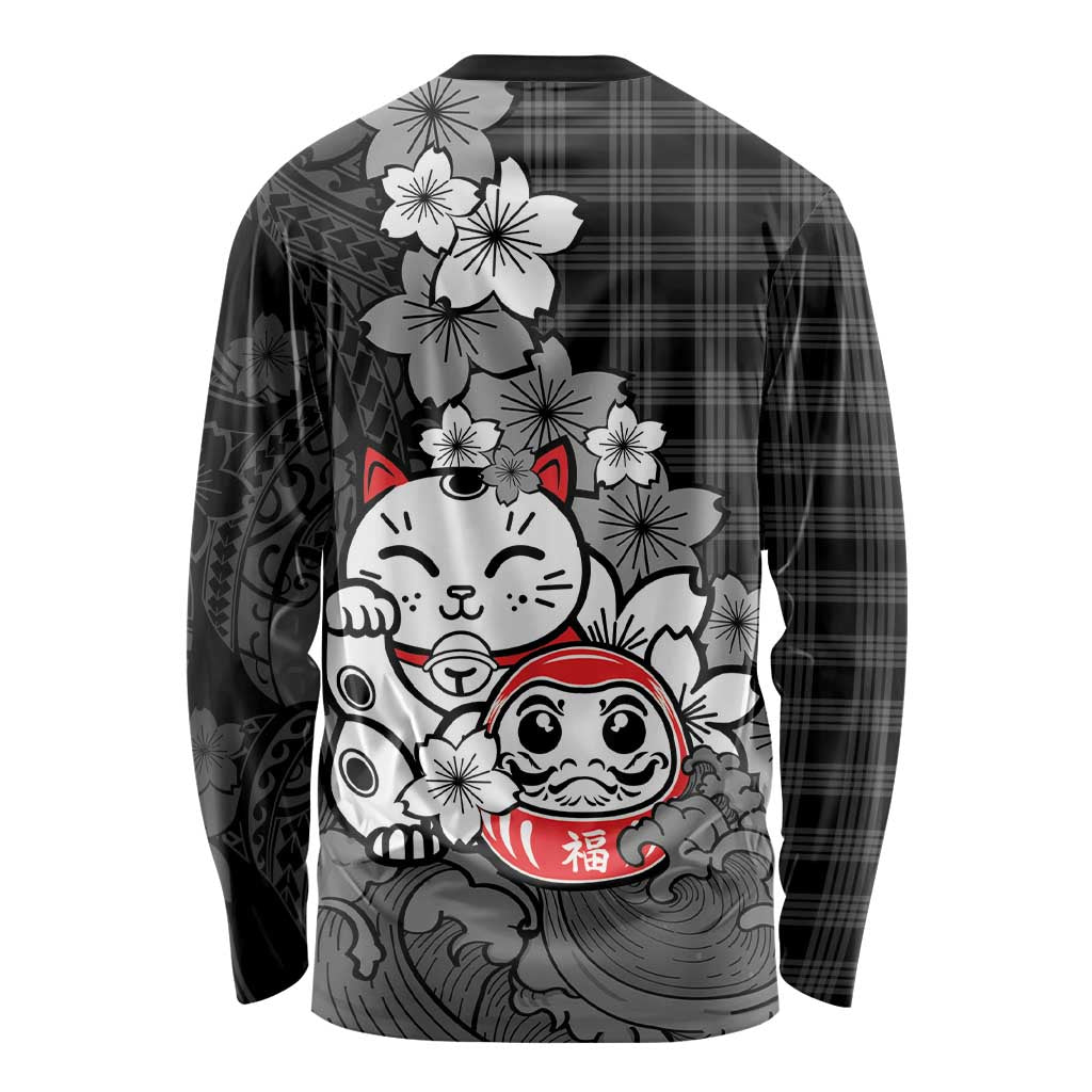 Black Palaka Hawaiian And Japanese Long Sleeve Shirt Maneki Neko And Sakura Bloom
