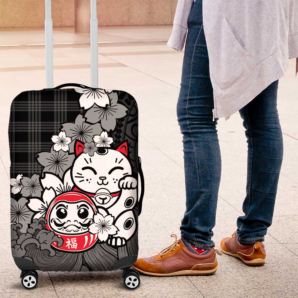 Black Palaka Hawaiian And Japanese Luggage Cover Maneki Neko And Sakura Bloom DT05 Black - Polynesian Pride