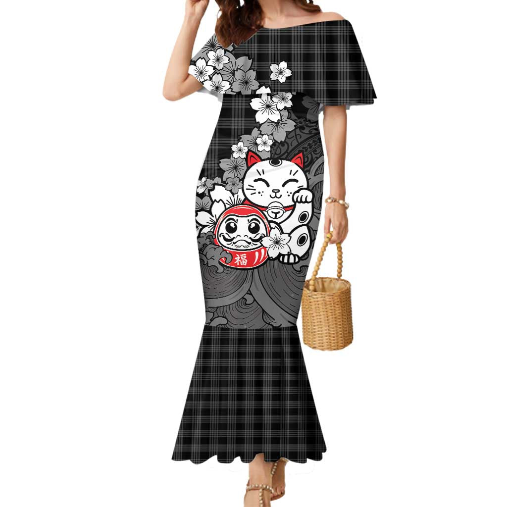 Black Palaka Hawaiian And Japanese Mermaid Dress Maneki Neko And Sakura Bloom