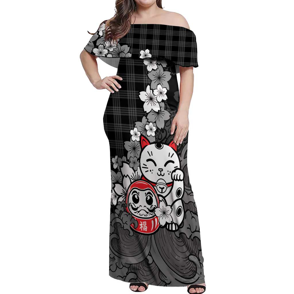Black Palaka Hawaiian And Japanese Off Shoulder Maxi Dress Maneki Neko And Sakura Bloom DT05 Women Black - Polynesian Pride