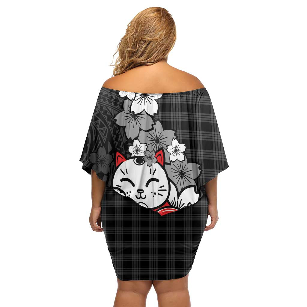 Black Palaka Hawaiian And Japanese Off Shoulder Short Dress Maneki Neko And Sakura Bloom DT05 - Polynesian Pride