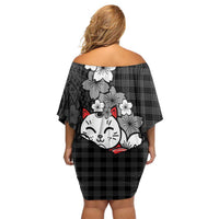 Black Palaka Hawaiian And Japanese Off Shoulder Short Dress Maneki Neko And Sakura Bloom DT05 - Polynesian Pride