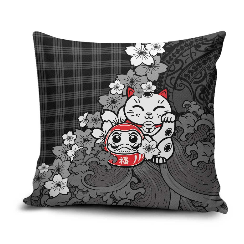 Black Palaka Hawaiian And Japanese Pillow Cover Maneki Neko And Sakura Bloom