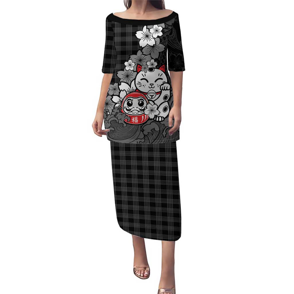 Black Palaka Hawaiian And Japanese Puletasi Maneki Neko And Sakura Bloom