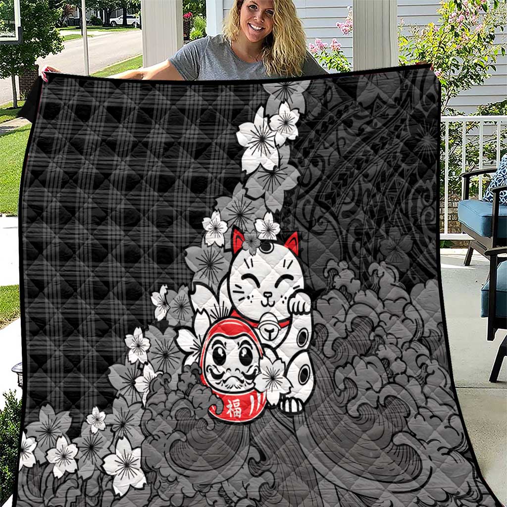 Black Palaka Hawaiian And Japanese Quilt Maneki Neko And Sakura Bloom