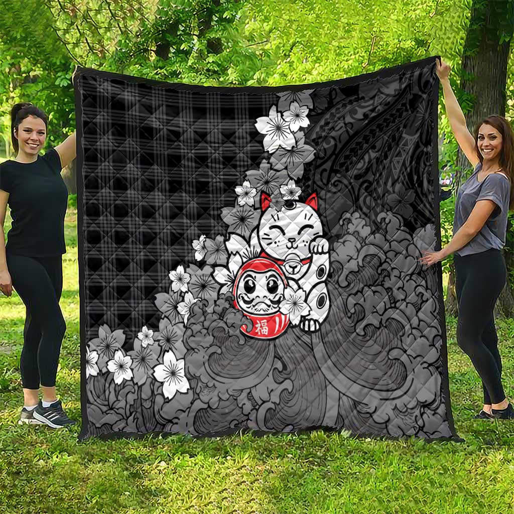 Black Palaka Hawaiian And Japanese Quilt Maneki Neko And Sakura Bloom