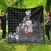 Black Palaka Hawaiian And Japanese Quilt Maneki Neko And Sakura Bloom
