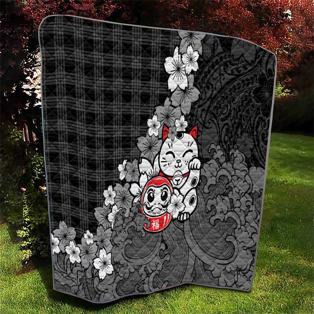 Black Palaka Hawaiian And Japanese Quilt Maneki Neko And Sakura Bloom