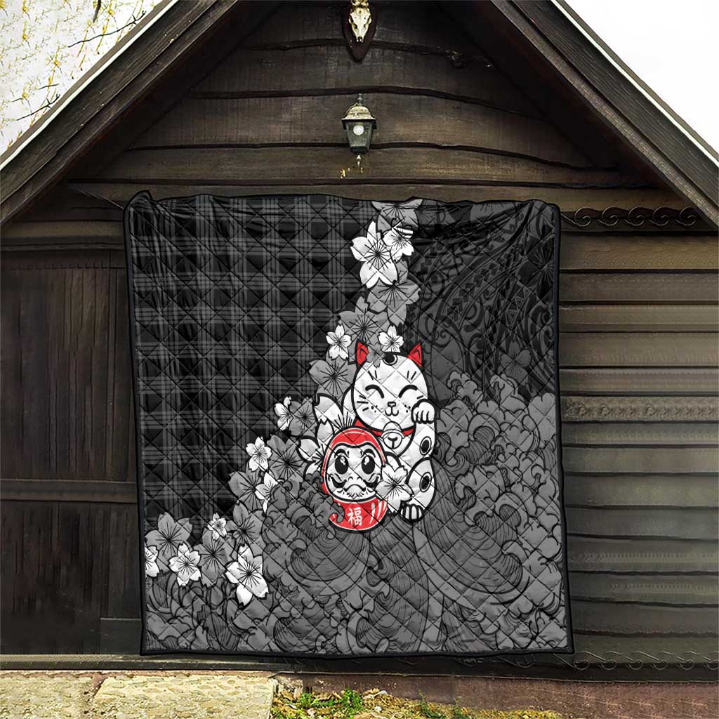Black Palaka Hawaiian And Japanese Quilt Maneki Neko And Sakura Bloom