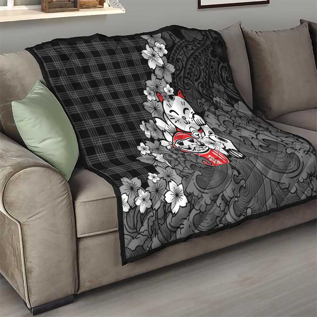 Black Palaka Hawaiian And Japanese Quilt Maneki Neko And Sakura Bloom