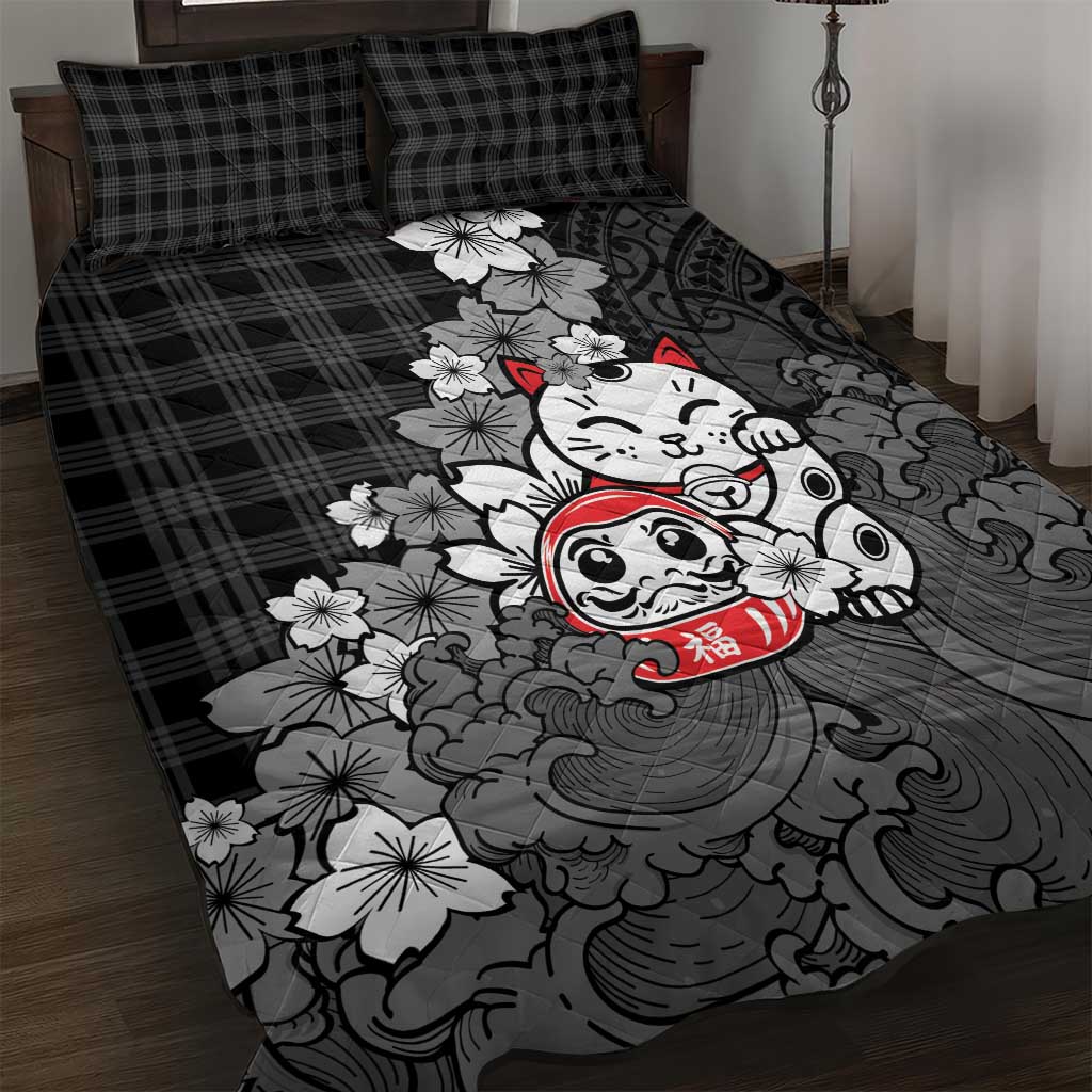 Black Palaka Hawaiian And Japanese Quilt Bed Set Maneki Neko And Sakura Bloom