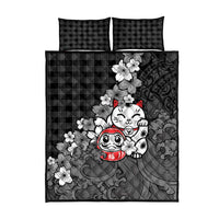 Black Palaka Hawaiian And Japanese Quilt Bed Set Maneki Neko And Sakura Bloom