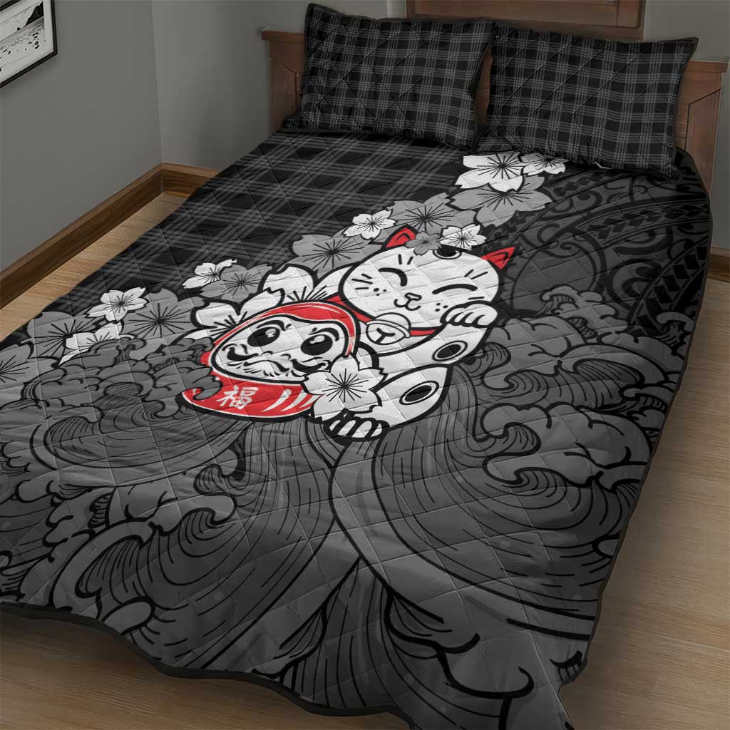 Black Palaka Hawaiian And Japanese Quilt Bed Set Maneki Neko And Sakura Bloom