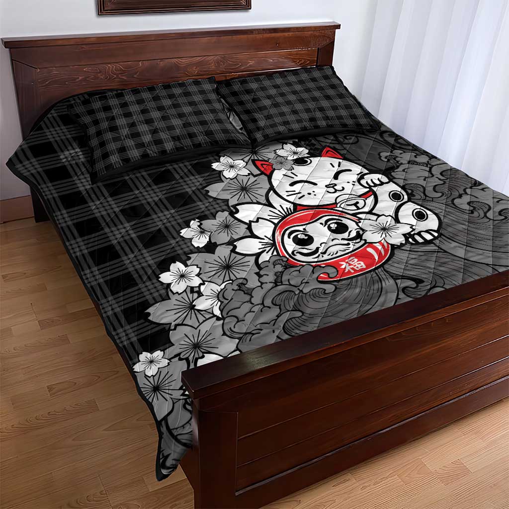 Black Palaka Hawaiian And Japanese Quilt Bed Set Maneki Neko And Sakura Bloom