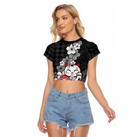 Black Palaka Hawaiian And Japanese Raglan Cropped T Shirt Maneki Neko And Sakura Bloom DT05 Female Black - Polynesian Pride