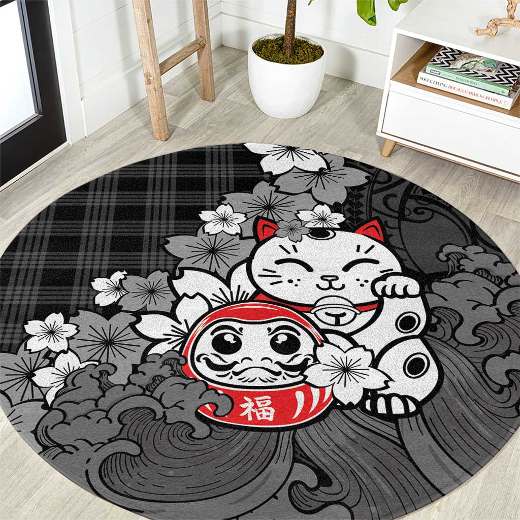 Black Palaka Hawaiian And Japanese Round Carpet Maneki Neko And Sakura Bloom