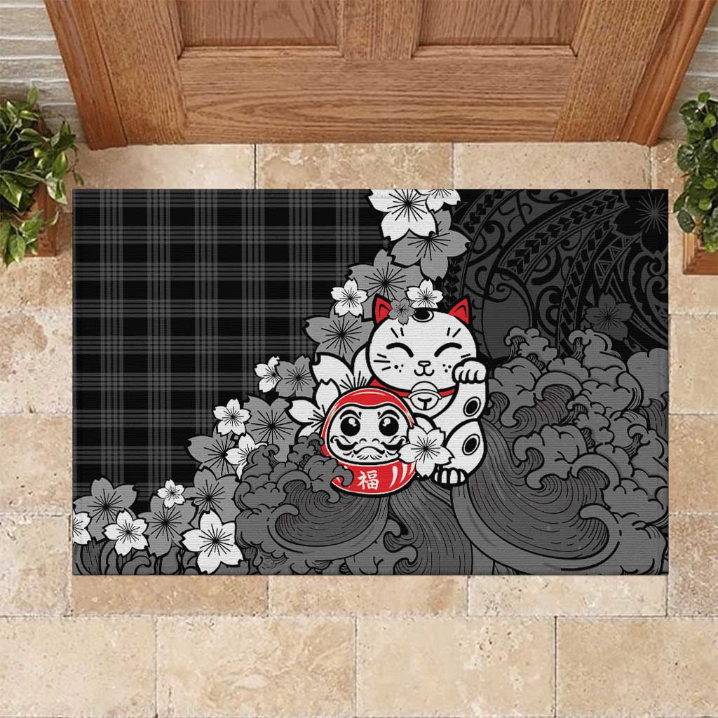 Black Palaka Hawaiian And Japanese Rubber Doormat Maneki Neko And Sakura Bloom DT05 Black - Polynesian Pride