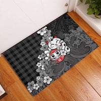Black Palaka Hawaiian And Japanese Rubber Doormat Maneki Neko And Sakura Bloom