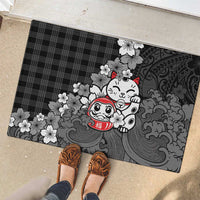 Black Palaka Hawaiian And Japanese Rubber Doormat Maneki Neko And Sakura Bloom