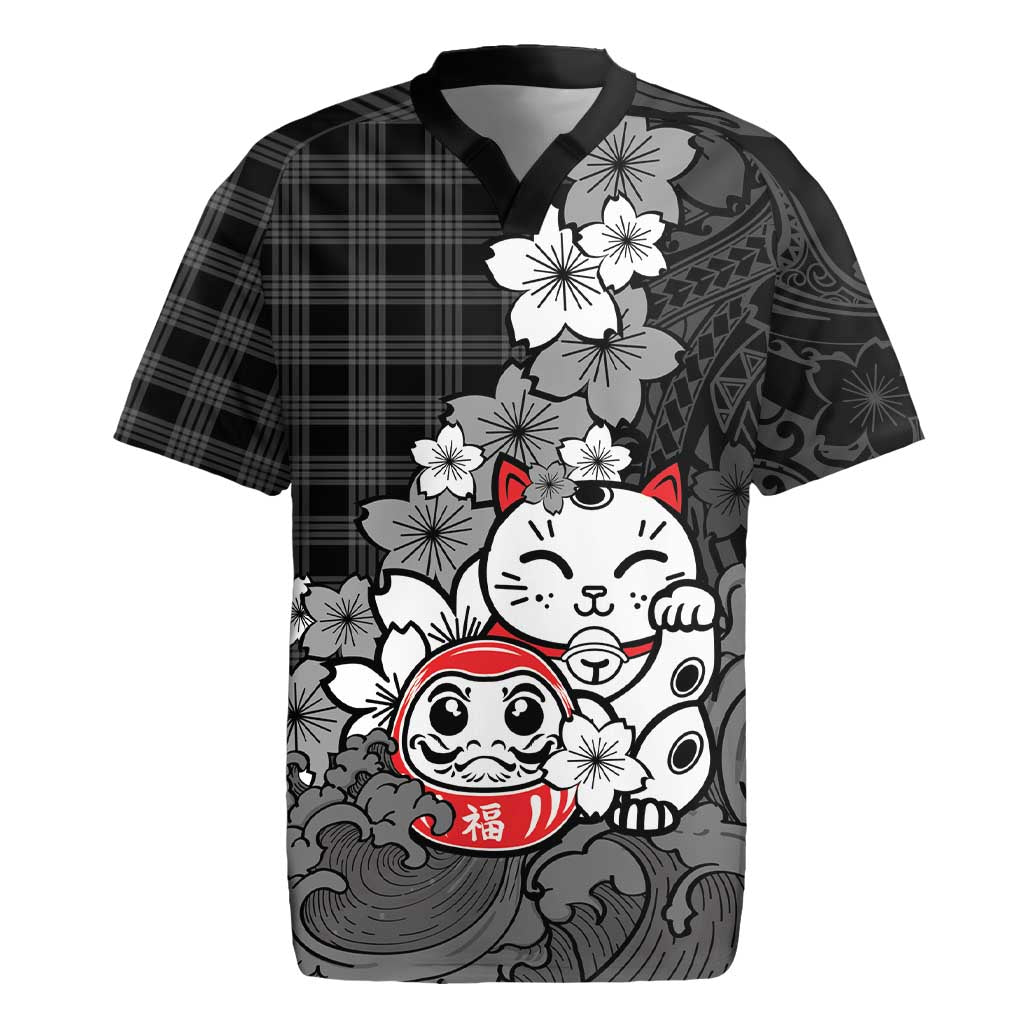 Black Palaka Hawaiian And Japanese Rugby Jersey Maneki Neko And Sakura Bloom