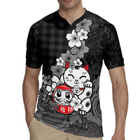 Black Palaka Hawaiian And Japanese Rugby Jersey Maneki Neko And Sakura Bloom