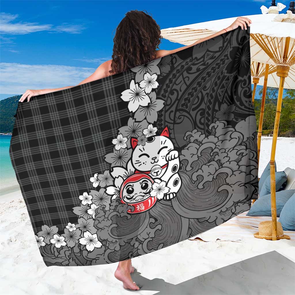 Black Palaka Hawaiian And Japanese Sarong Maneki Neko And Sakura Bloom