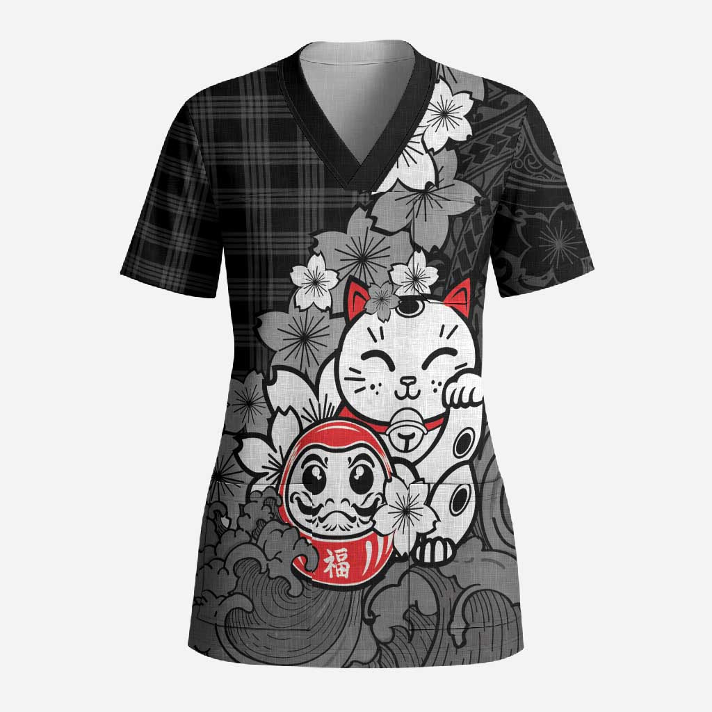 Black Palaka Hawaiian And Japanese Scrub Top Maneki Neko And Sakura Bloom DT05 Adult Black - Polynesian Pride