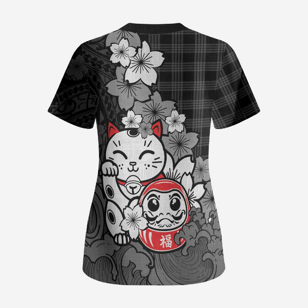 Black Palaka Hawaiian And Japanese Scrub Top Maneki Neko And Sakura Bloom DT05 - Polynesian Pride