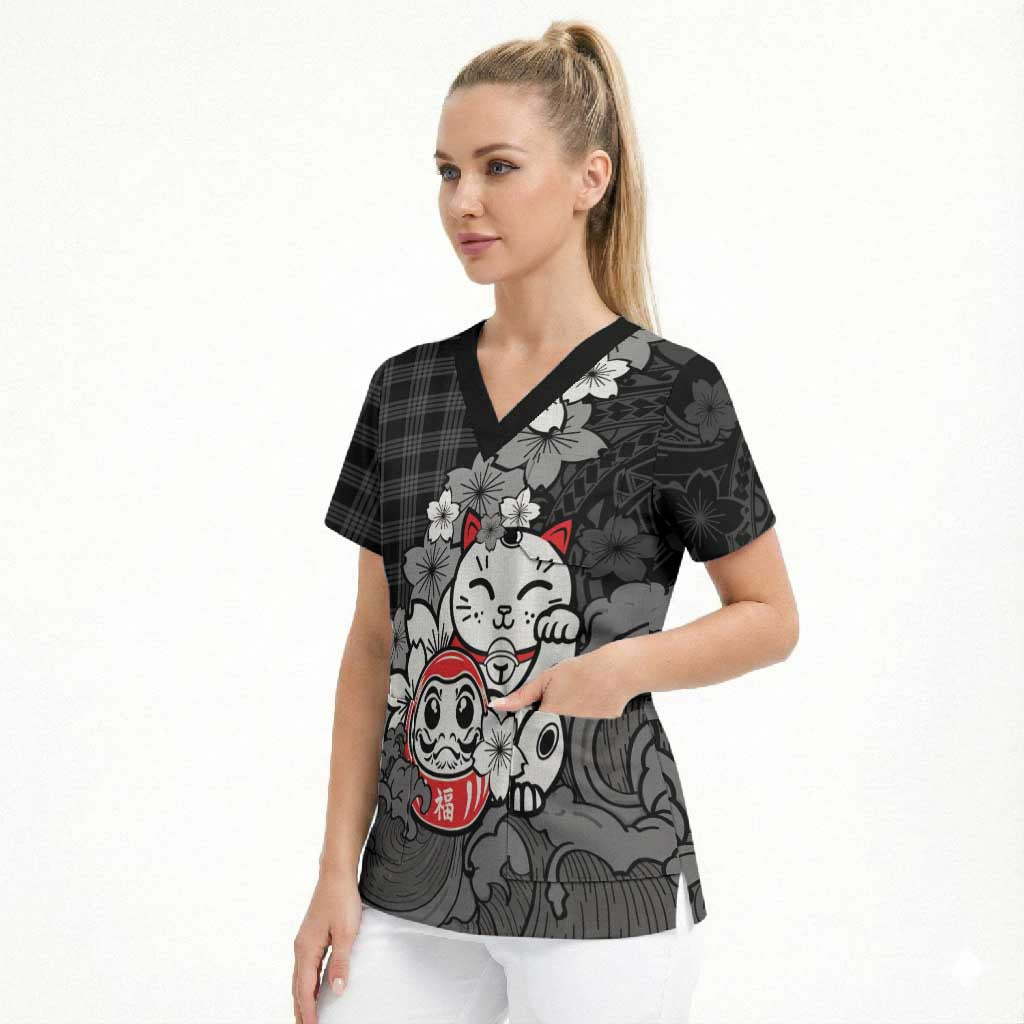 Black Palaka Hawaiian And Japanese Scrub Top Maneki Neko And Sakura Bloom DT05 - Polynesian Pride