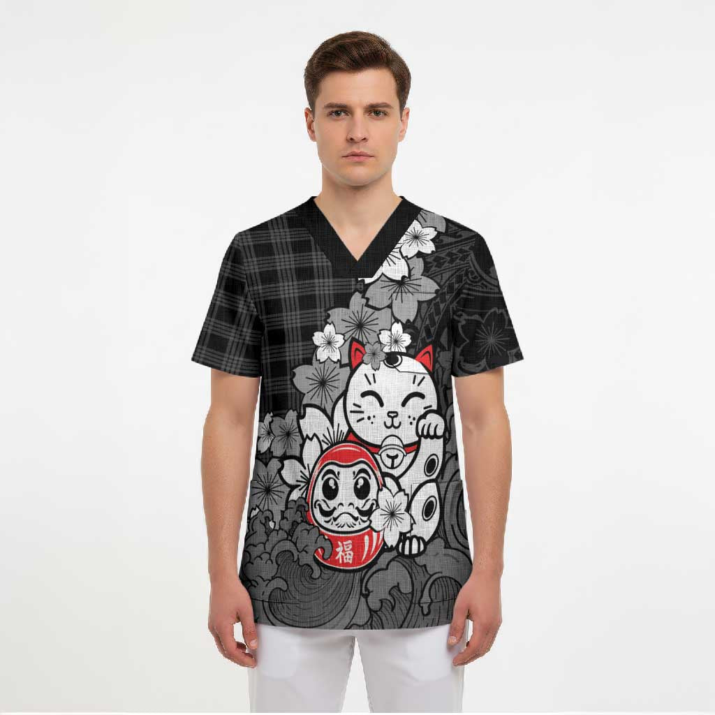 Black Palaka Hawaiian And Japanese Scrub Top Maneki Neko And Sakura Bloom DT05 - Polynesian Pride