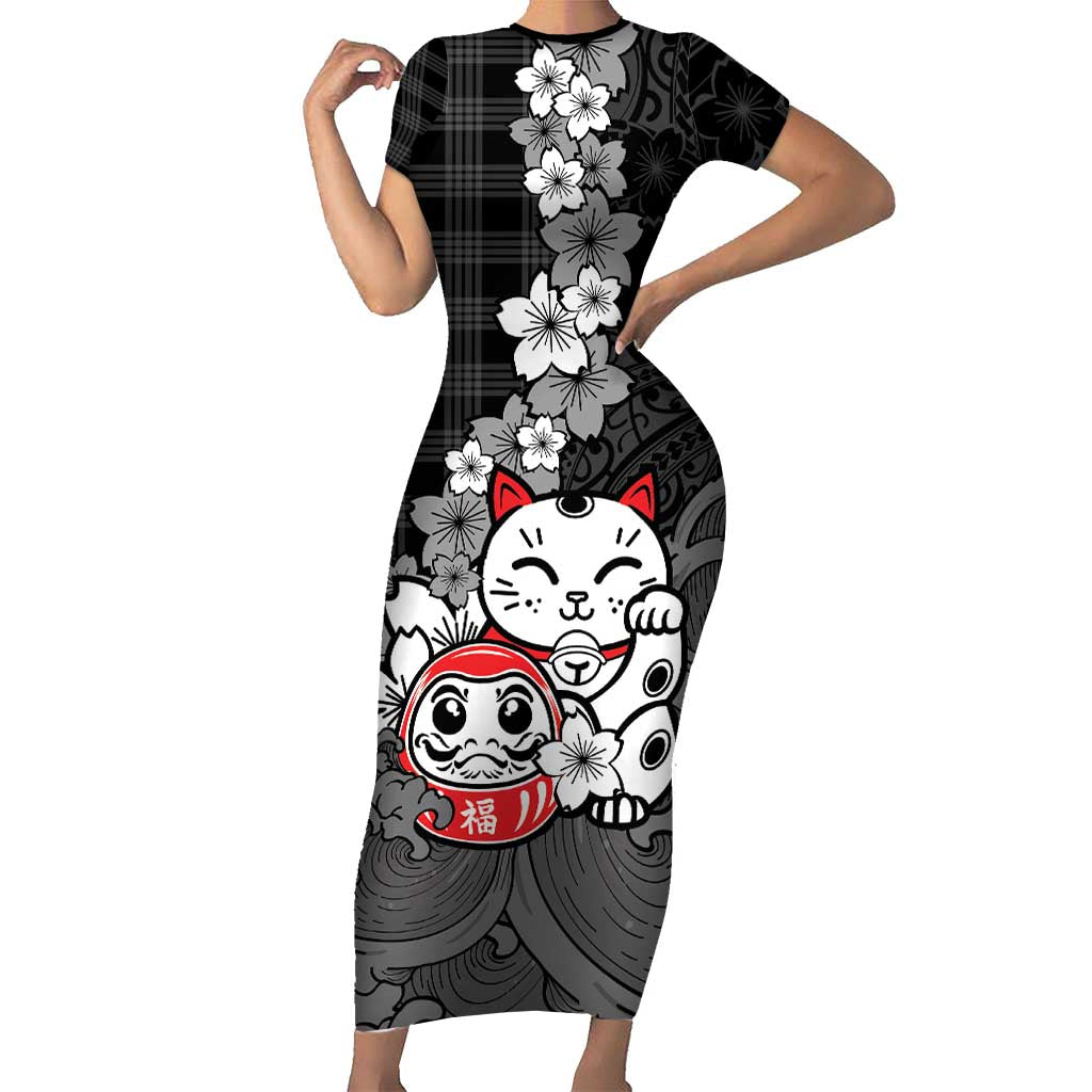 Black Palaka Hawaiian And Japanese Short Sleeve Bodycon Dress Maneki Neko And Sakura Bloom DT05 Long Dress Black - Polynesian Pride