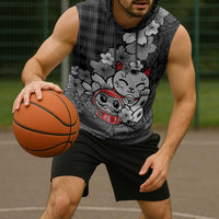 Black Palaka Hawaiian And Japanese Sleeveless Hoodie Maneki Neko And Sakura Bloom DT05 - Polynesian Pride